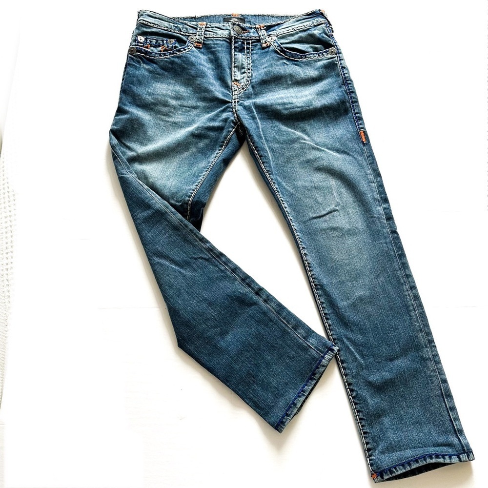 Men’s True Religion Rocco Relaxed Skinny Orange Stitch Ankle Denim 34/28